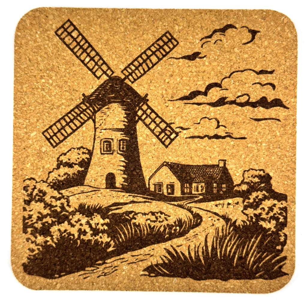 Rustic Windmill Scene Cork Coaster Set, Farmhouse Country Decor