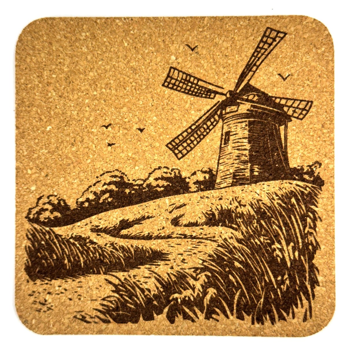 Rustic Windmill Scene Cork Coaster Set, Farmhouse Country Decor
