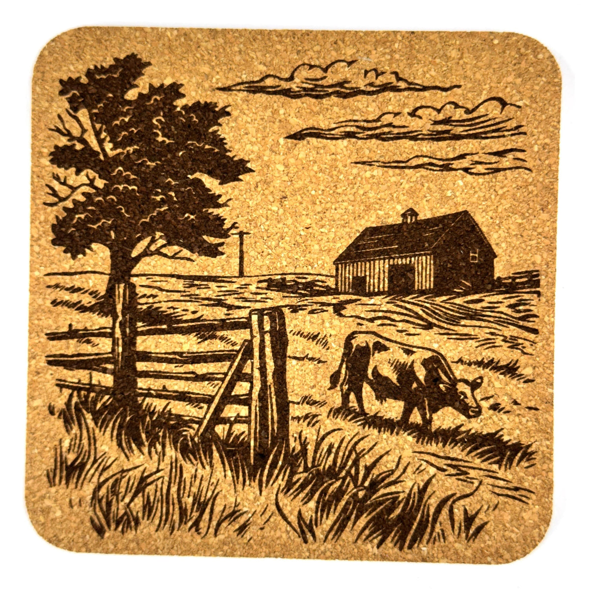 Rustic Farm Scene Cork Coaster Set, Country Barn and Pasture Decor