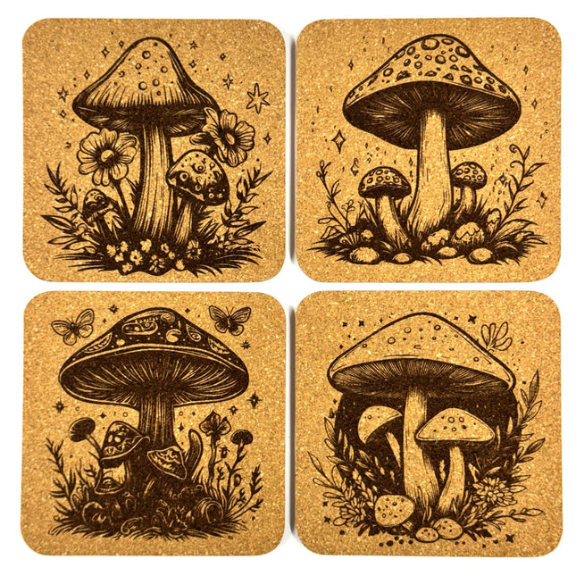 Enchanted Mushroom Cork Coaster Set, Cottagecore Woodland Drink Coasters