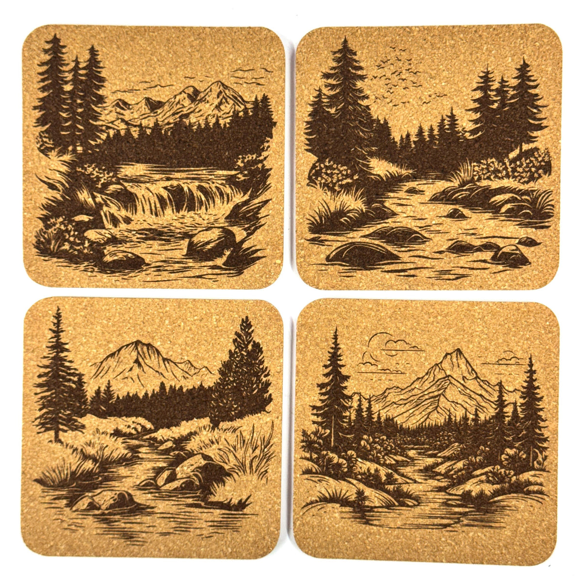 Mountain Stream Cork Coaster Set, Rustic Wilderness Drink Coasters