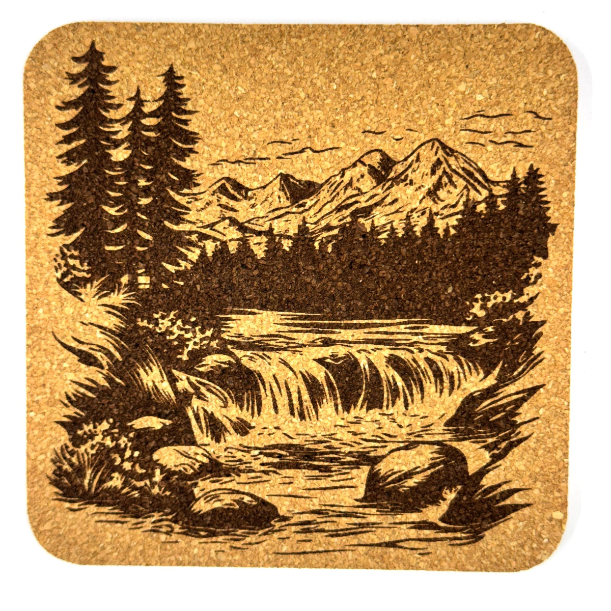 Mountain Stream Cork Coaster Set, Rustic Wilderness Drink Coasters