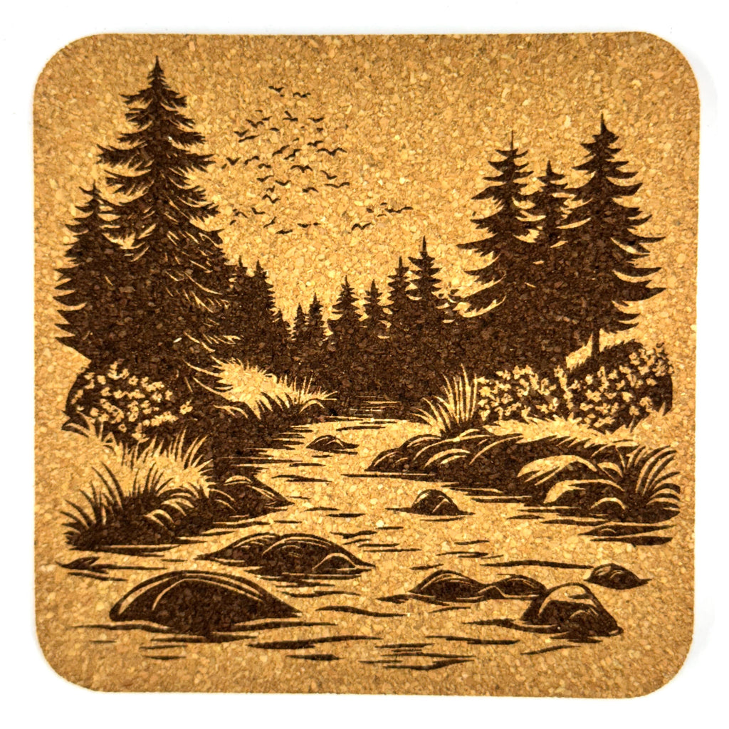 Mountain Stream Cork Coaster Set, Rustic Wilderness Drink Coasters