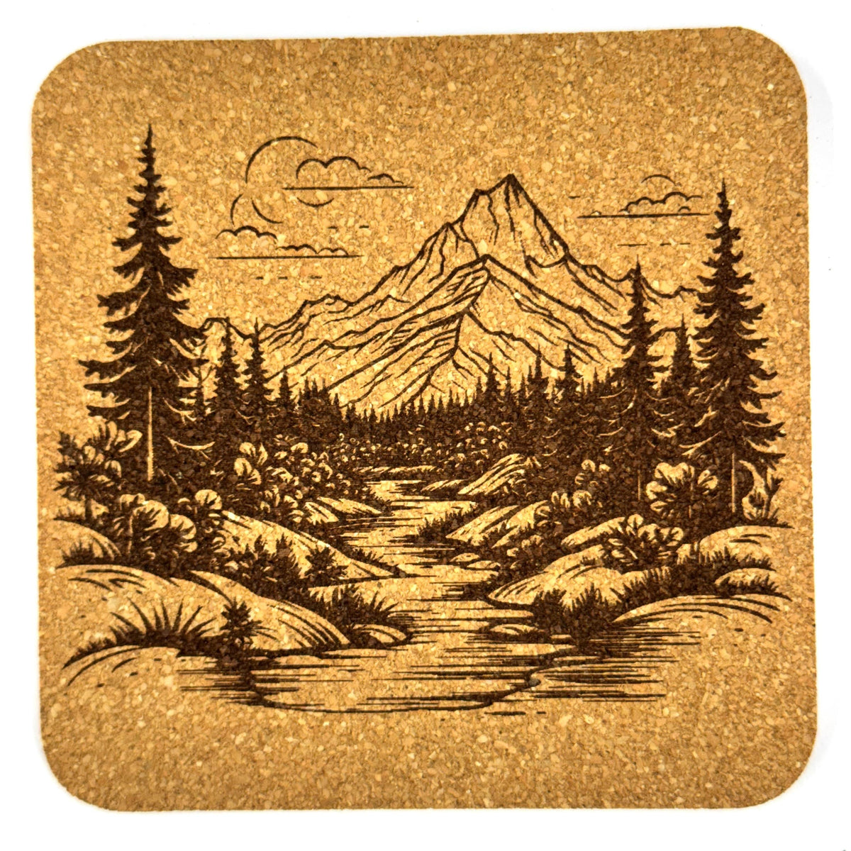 Mountain Stream Cork Coaster Set, Rustic Wilderness Drink Coasters