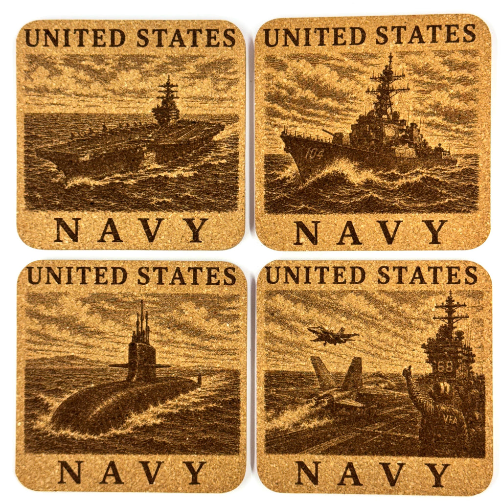 United States Navy Cork Coaster Set, 4 Pack of Military Tribute Engraved Coasters