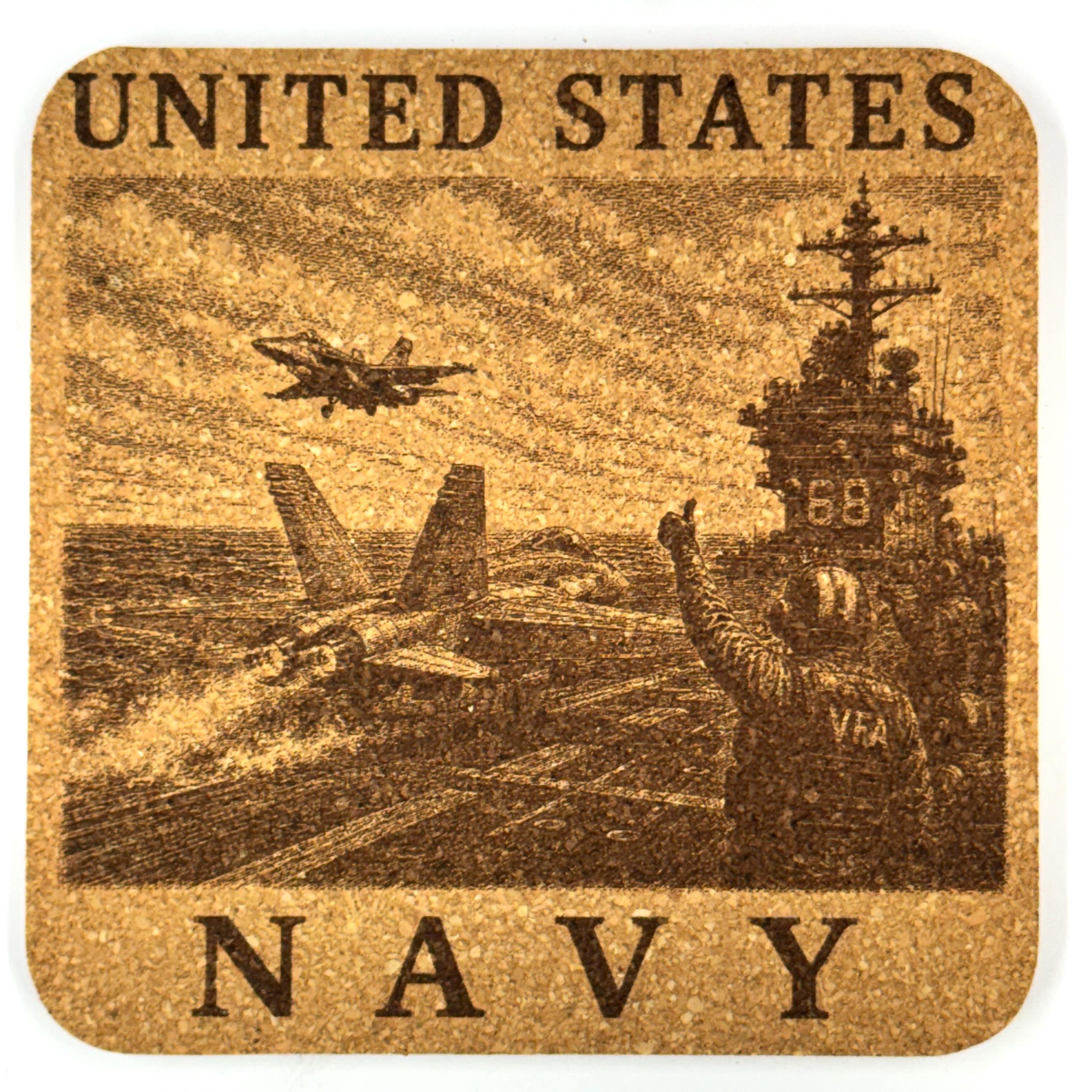 United States Navy Cork Coaster Set, 4 Pack of Military Tribute Engraved Coasters