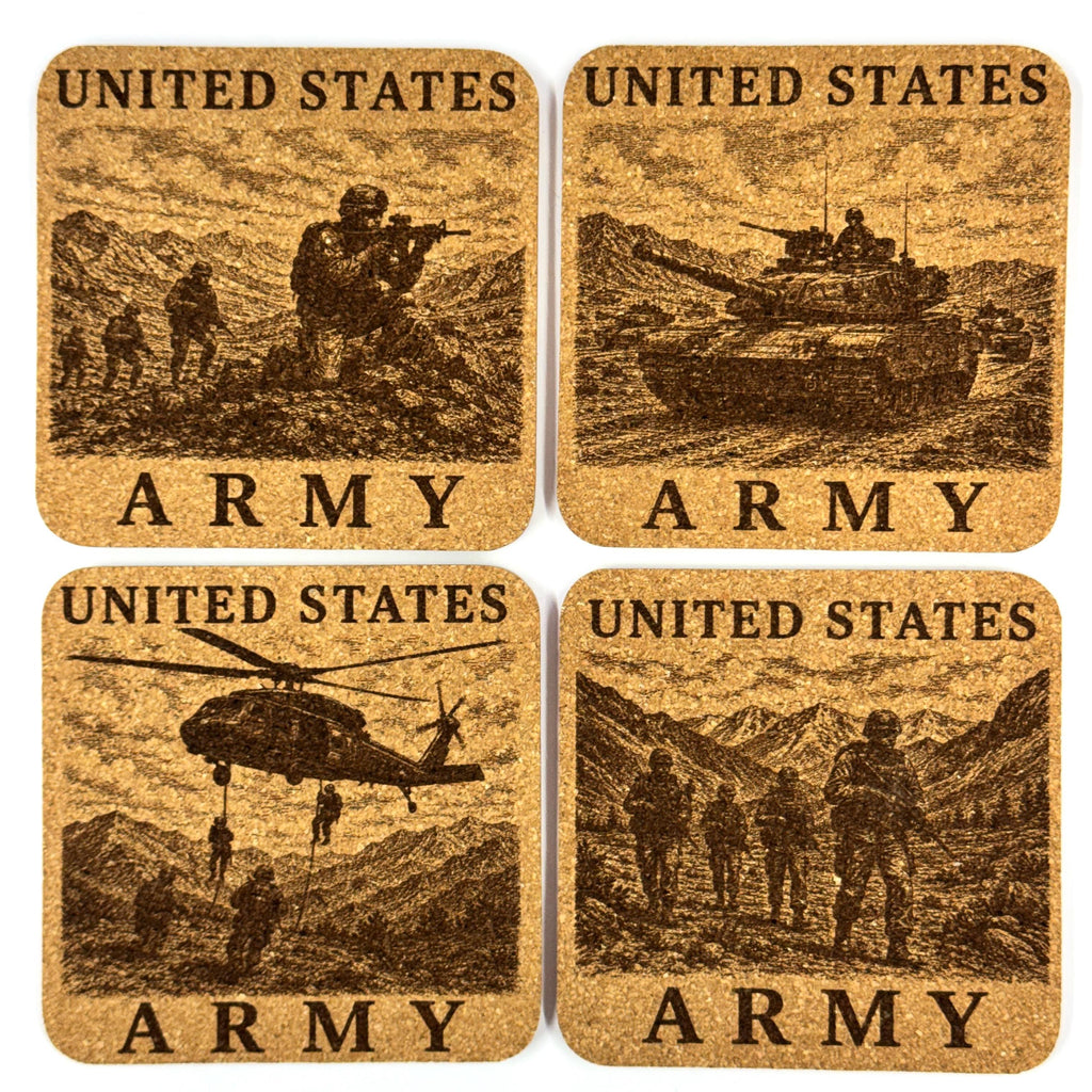 United States Army Cork Coaster Set, 4 Pack of Military Tribute Engraved Coasters