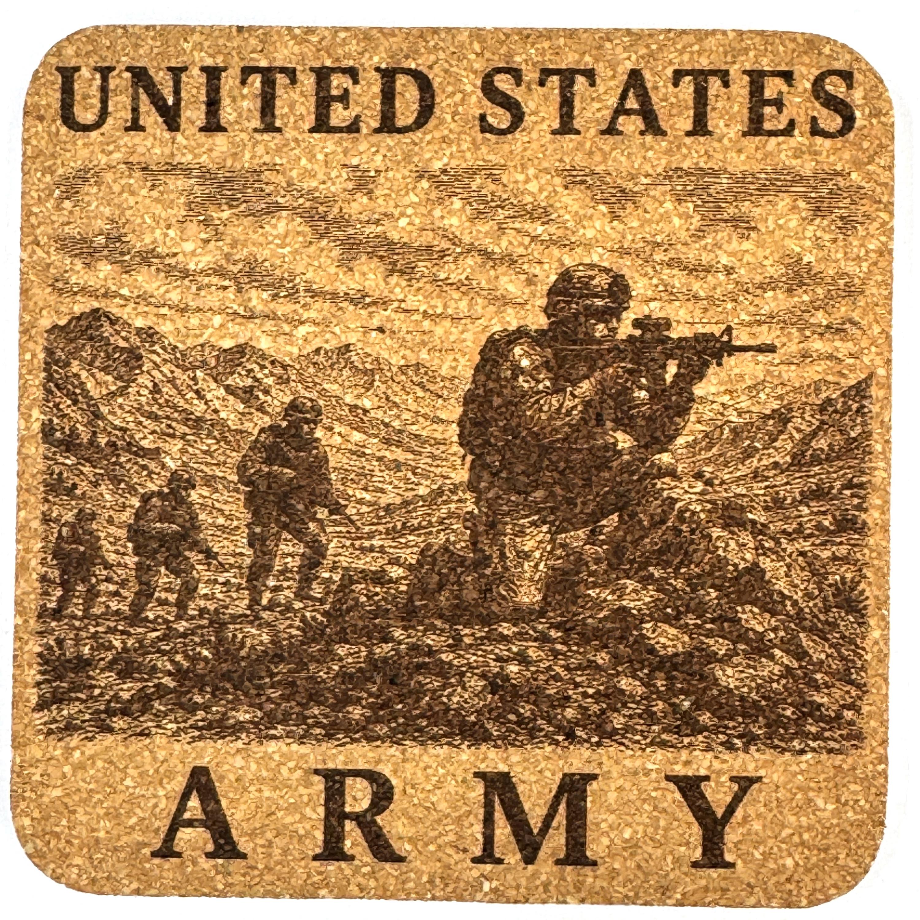 United States Army Cork Coaster Set, 4 Pack of Military Tribute Engraved Coasters