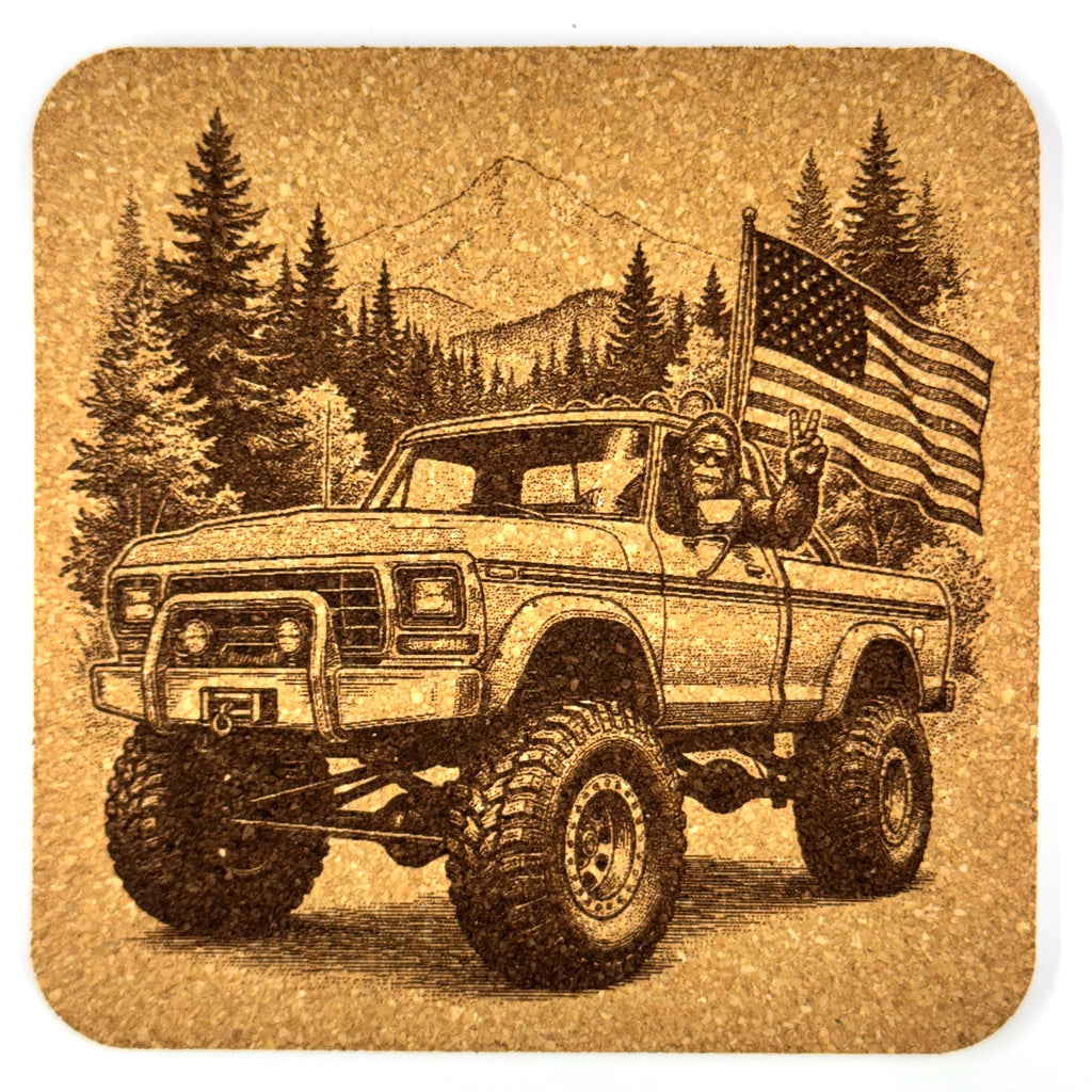 Patriotic Bigfoot Enjoying Pacific Northwest Backroads Cork Coaster Set
