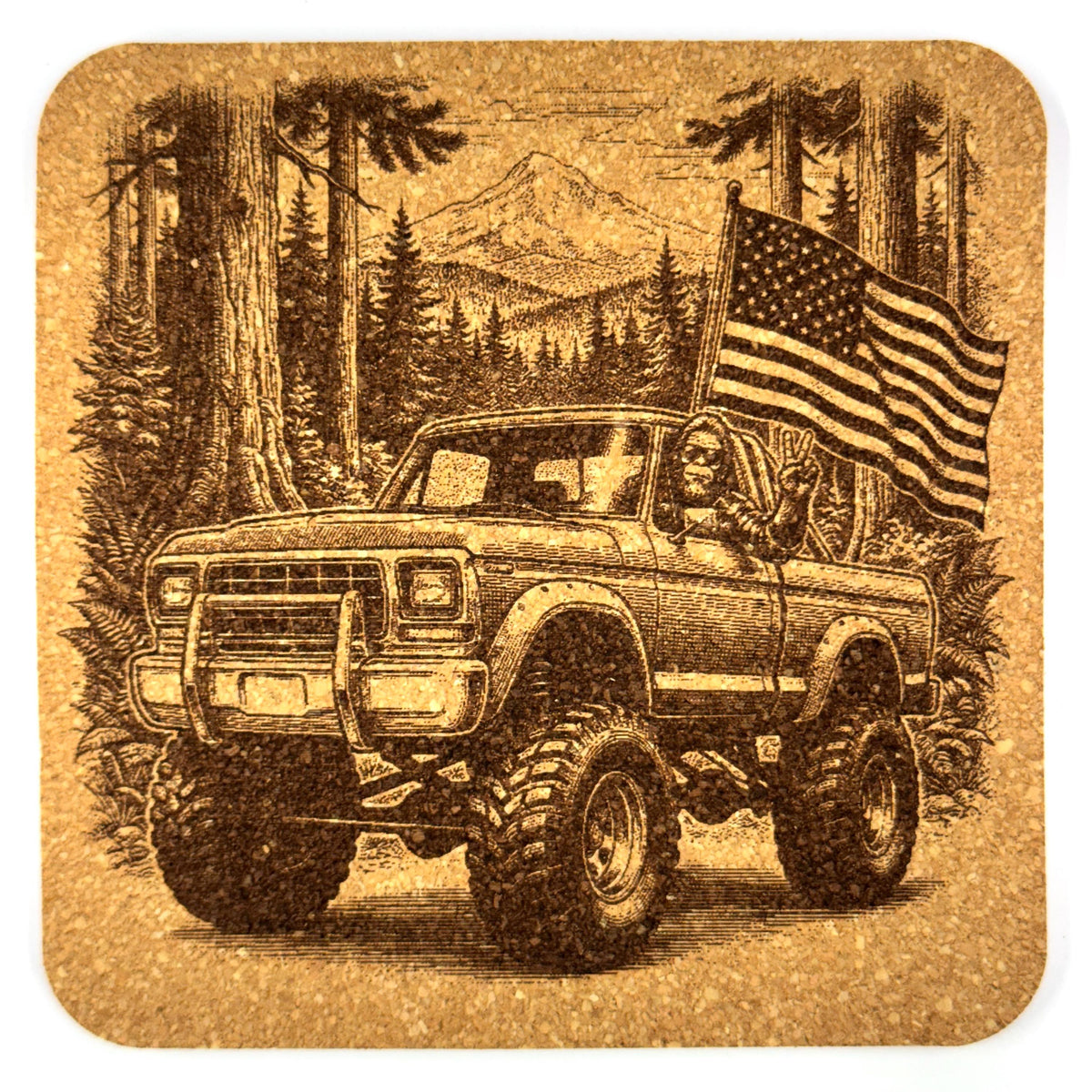 Patriotic Bigfoot Enjoying Pacific Northwest Backroads Cork Coaster Set