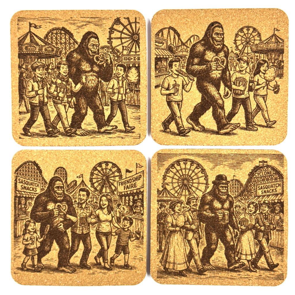 Bigfoot and Friends at the Carnival – Laser Engraved Cork Coaster Set