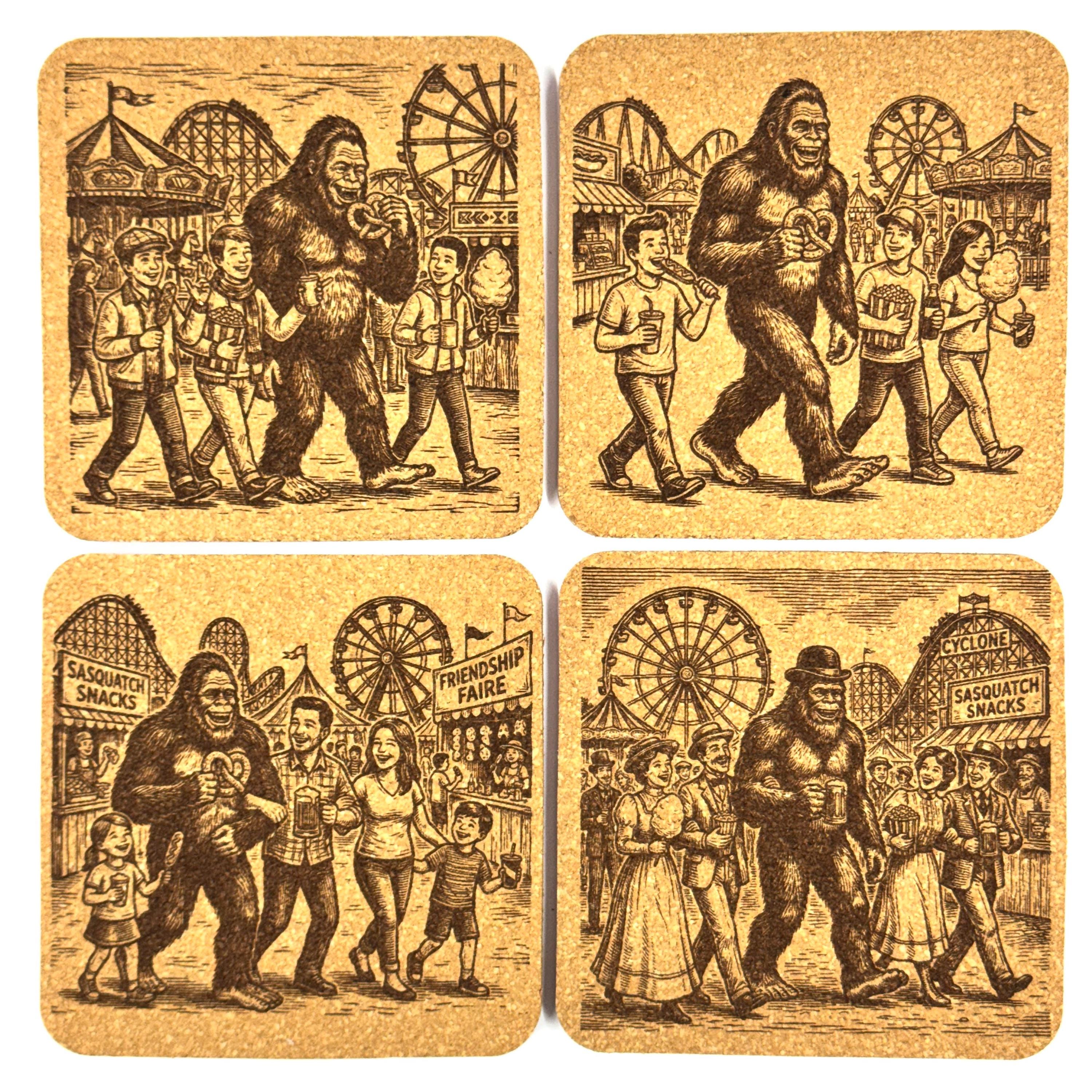 Bigfoot and Friends at the Carnival – Laser Engraved Cork Coaster Set