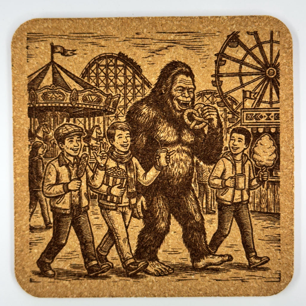 Bigfoot and Friends at the Carnival – Laser Engraved Cork Coaster Set