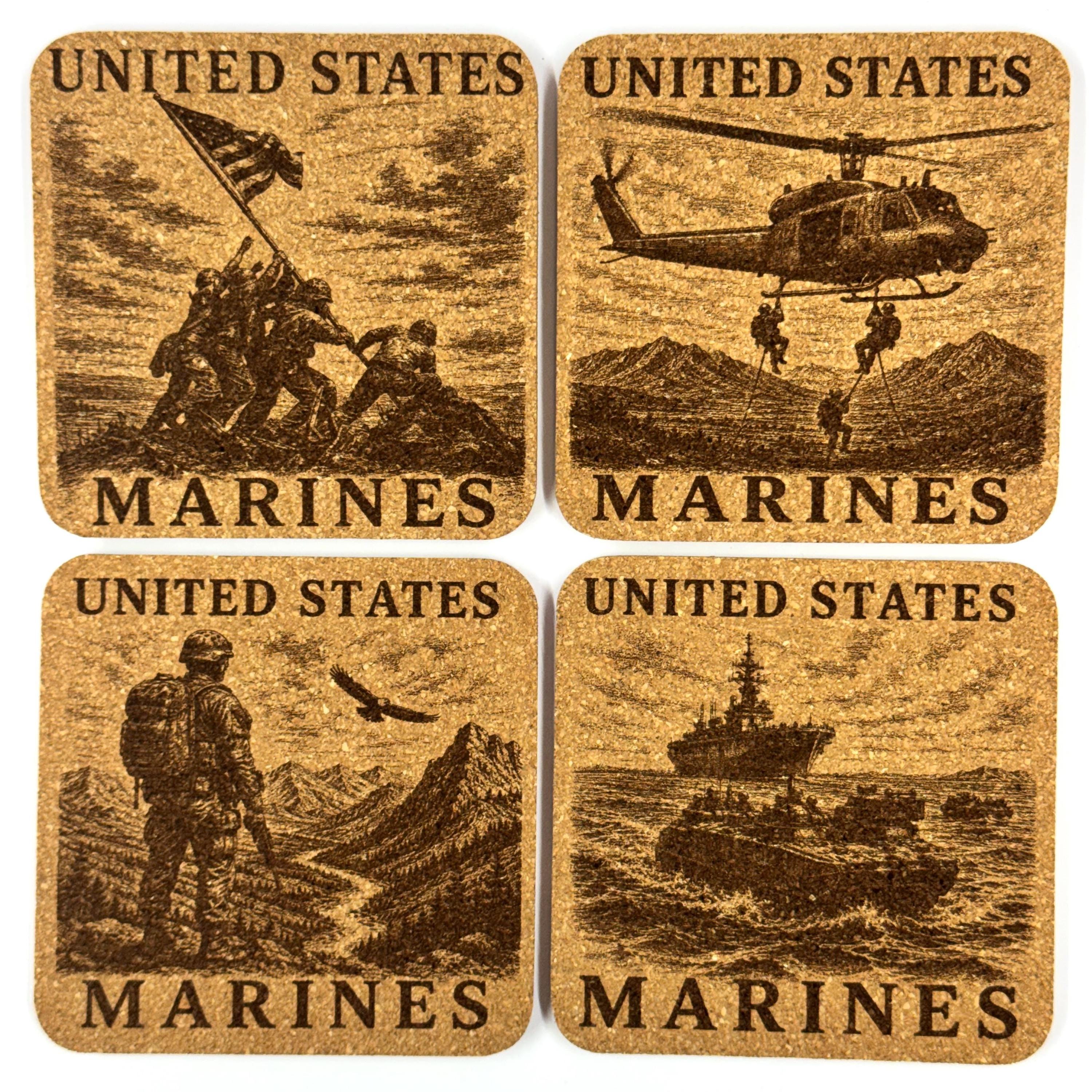 United States Marines Cork Coaster Set, 4 Pack of Military Tribute Laser Engraved Coasters