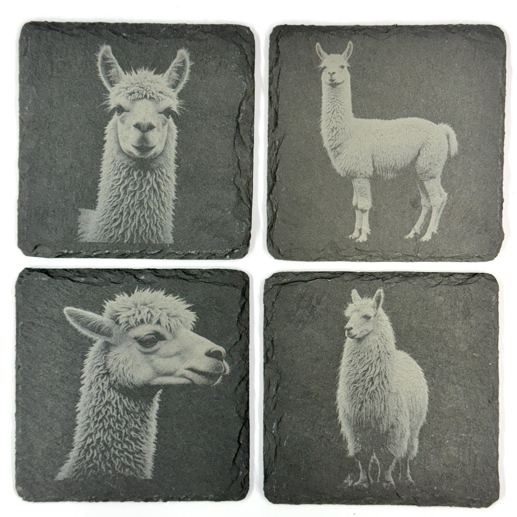 Llama Slate Coaster Set of 4, Rustic Engraved Farm Animal Drink Coasters