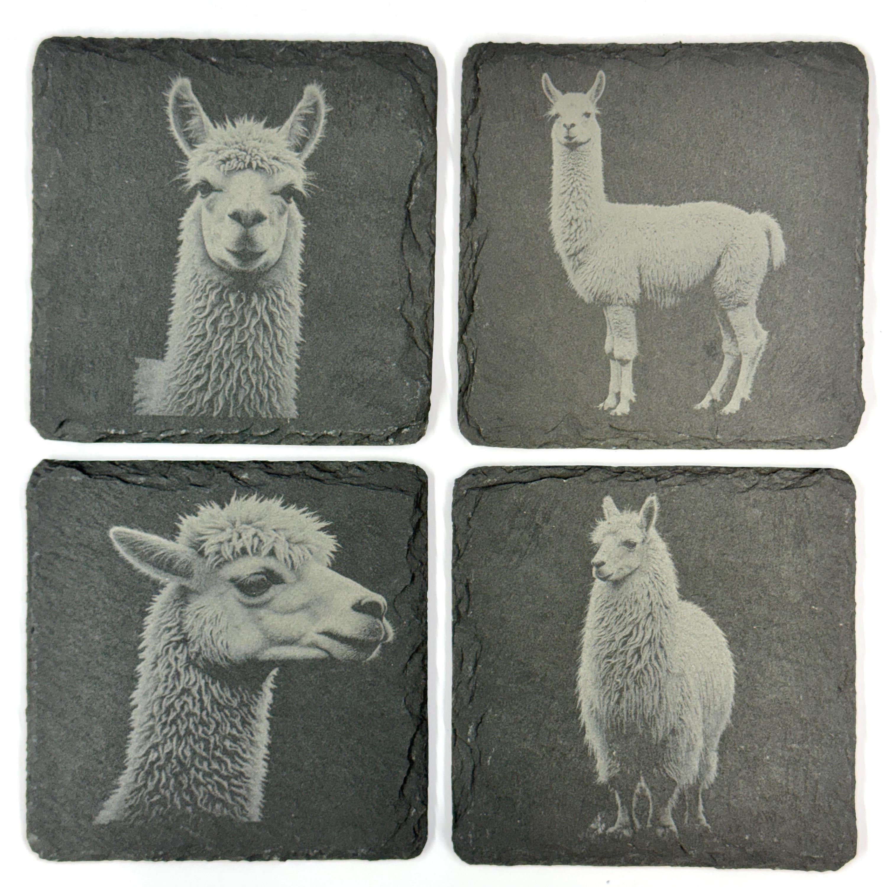 Llama Slate Coaster Set of 4, Rustic Engraved Farm Animal Drink Coasters
