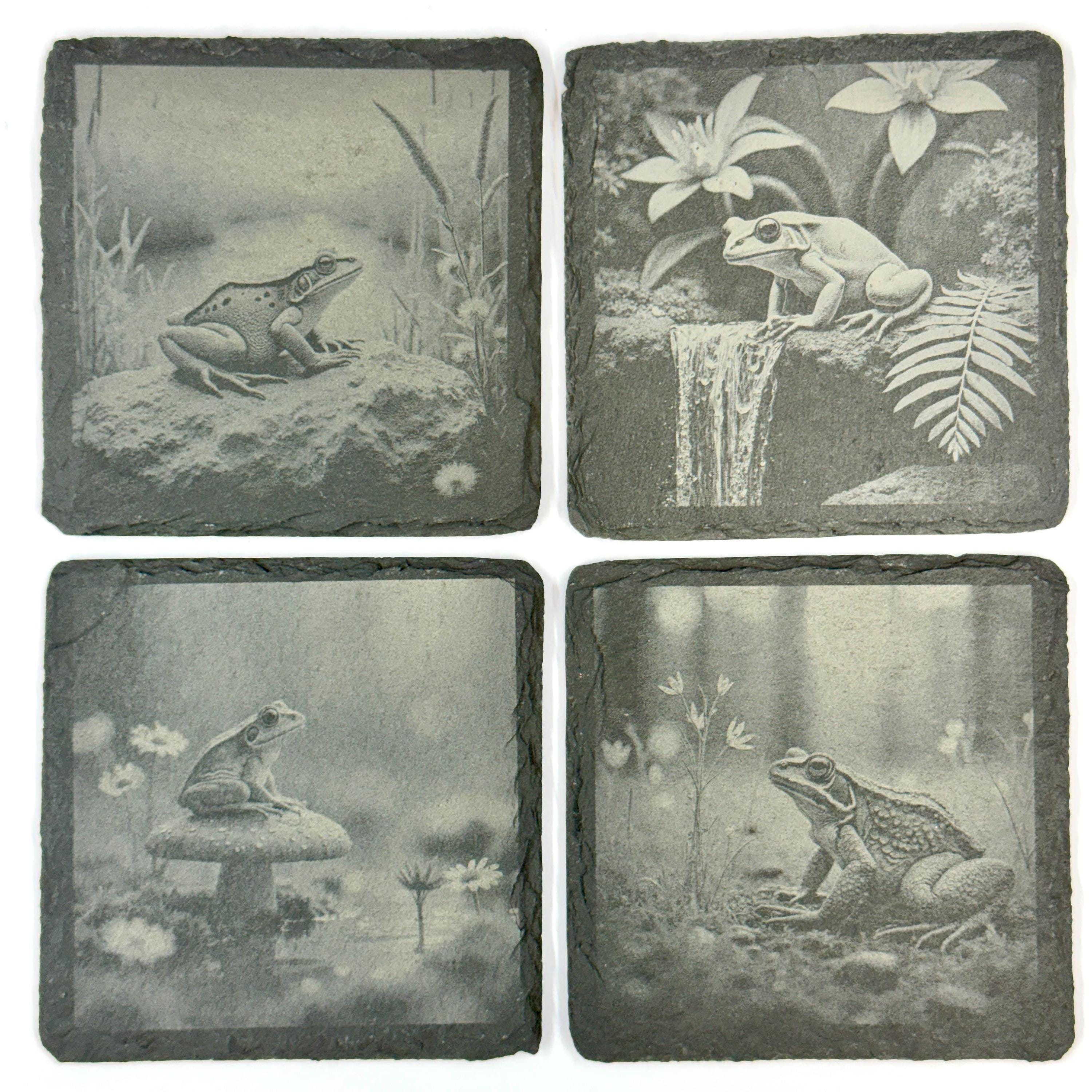 Frog Slate Coaster Set of 4, Rustic Engraved Nature Drink Coasters