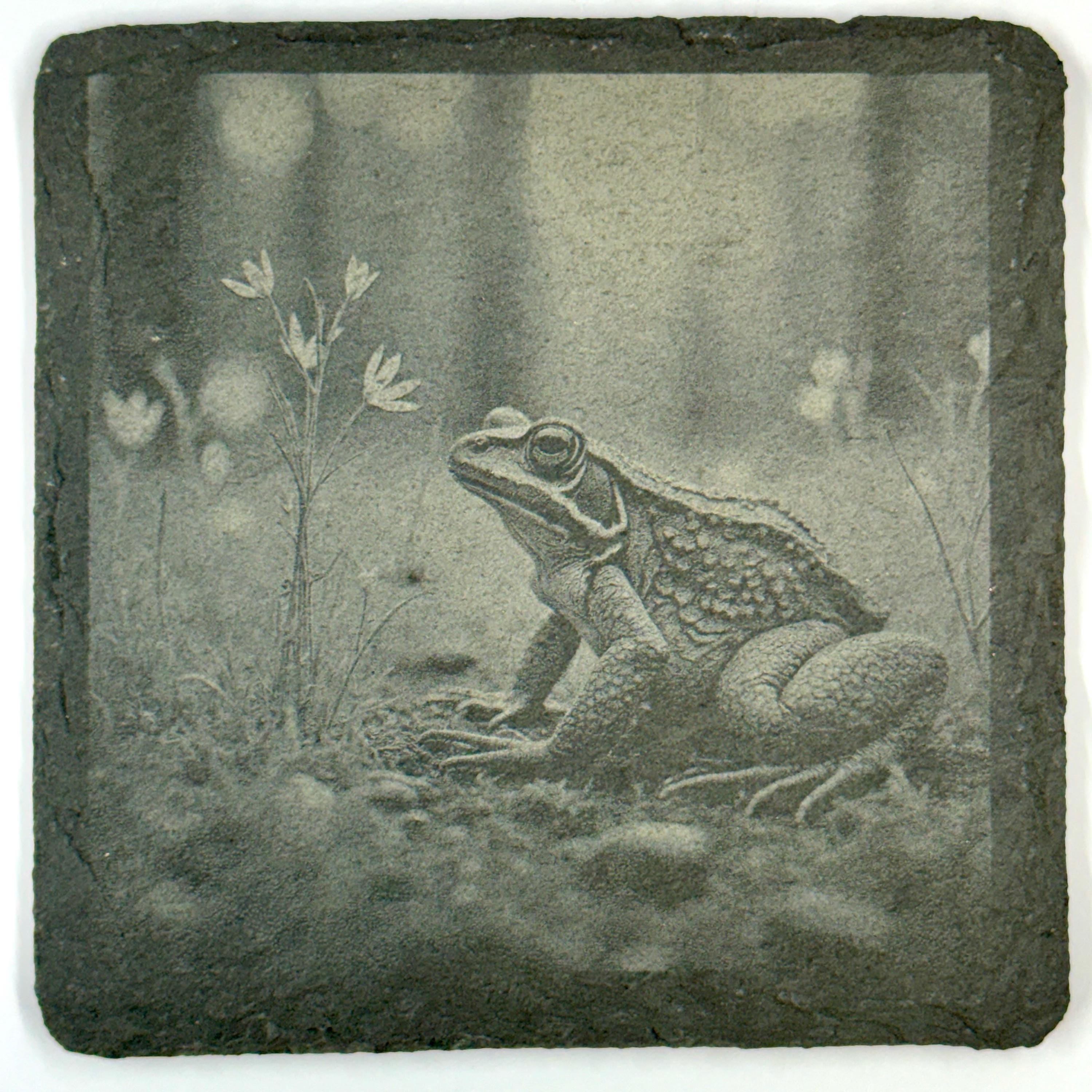 Frog Slate Coaster Set of 4, Rustic Engraved Nature Drink Coasters