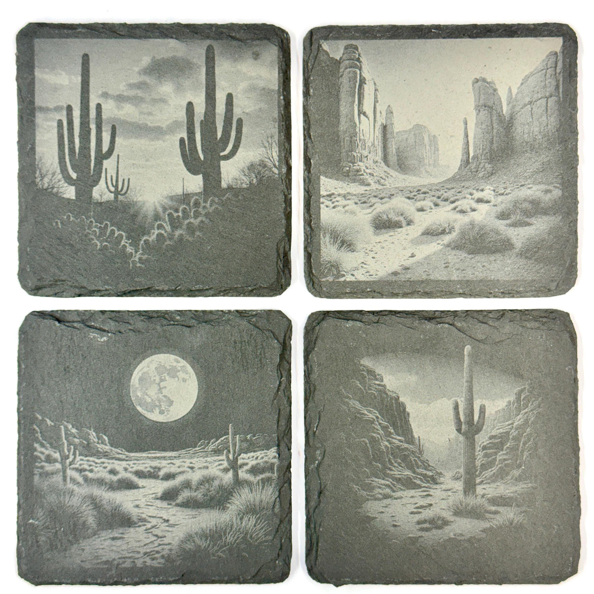 Southwestern Desert Slate Coaster Set, Engraved Saguaro Moon and Canyon Drink Coasters