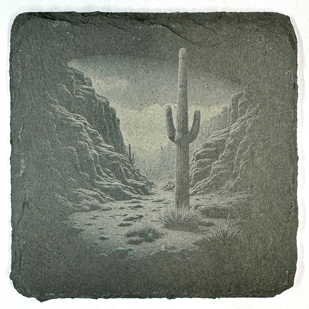 Southwestern Desert Slate Coaster Set, Engraved Saguaro Moon and Canyon Drink Coasters