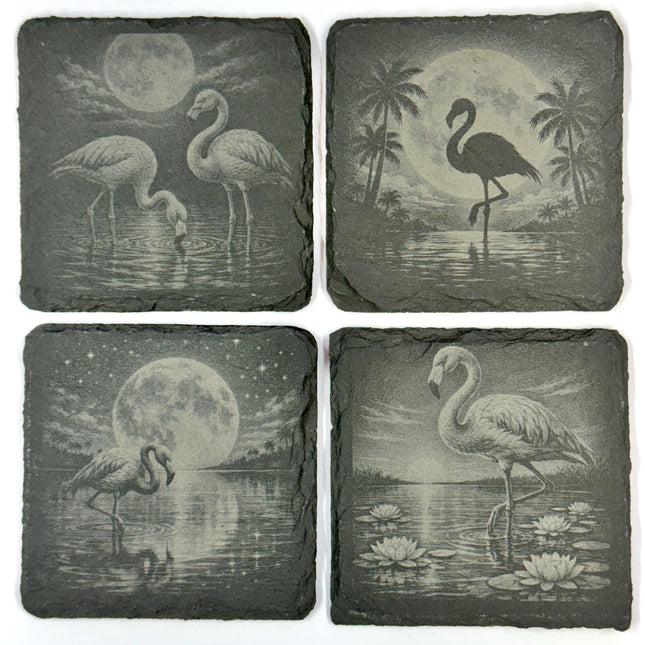 Moonlit Flamingo Slate Coaster Set, Tropical Bird Drink Coasters