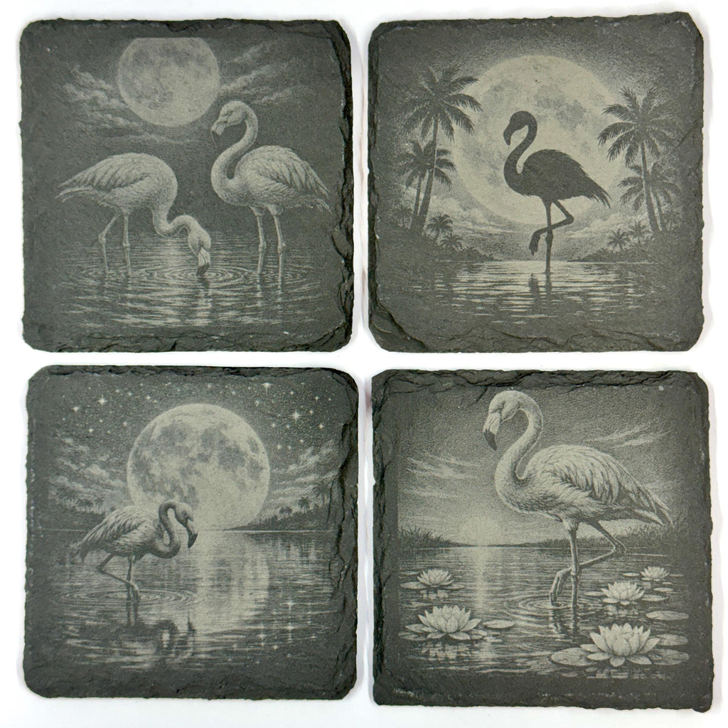 Moonlit Flamingo Slate Coaster Set, Tropical Bird Drink Coasters