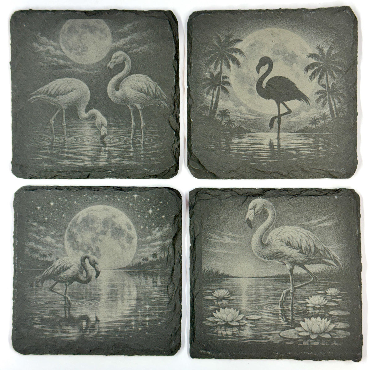 Moonlit Flamingo Slate Coaster Set, Tropical Bird Drink Coasters
