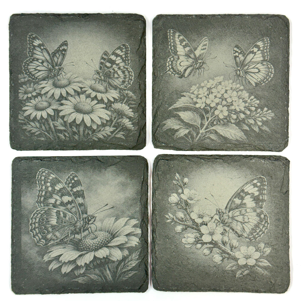 Butterfly Slate Coaster Set, Engraved Garden Flower Drink Coasters