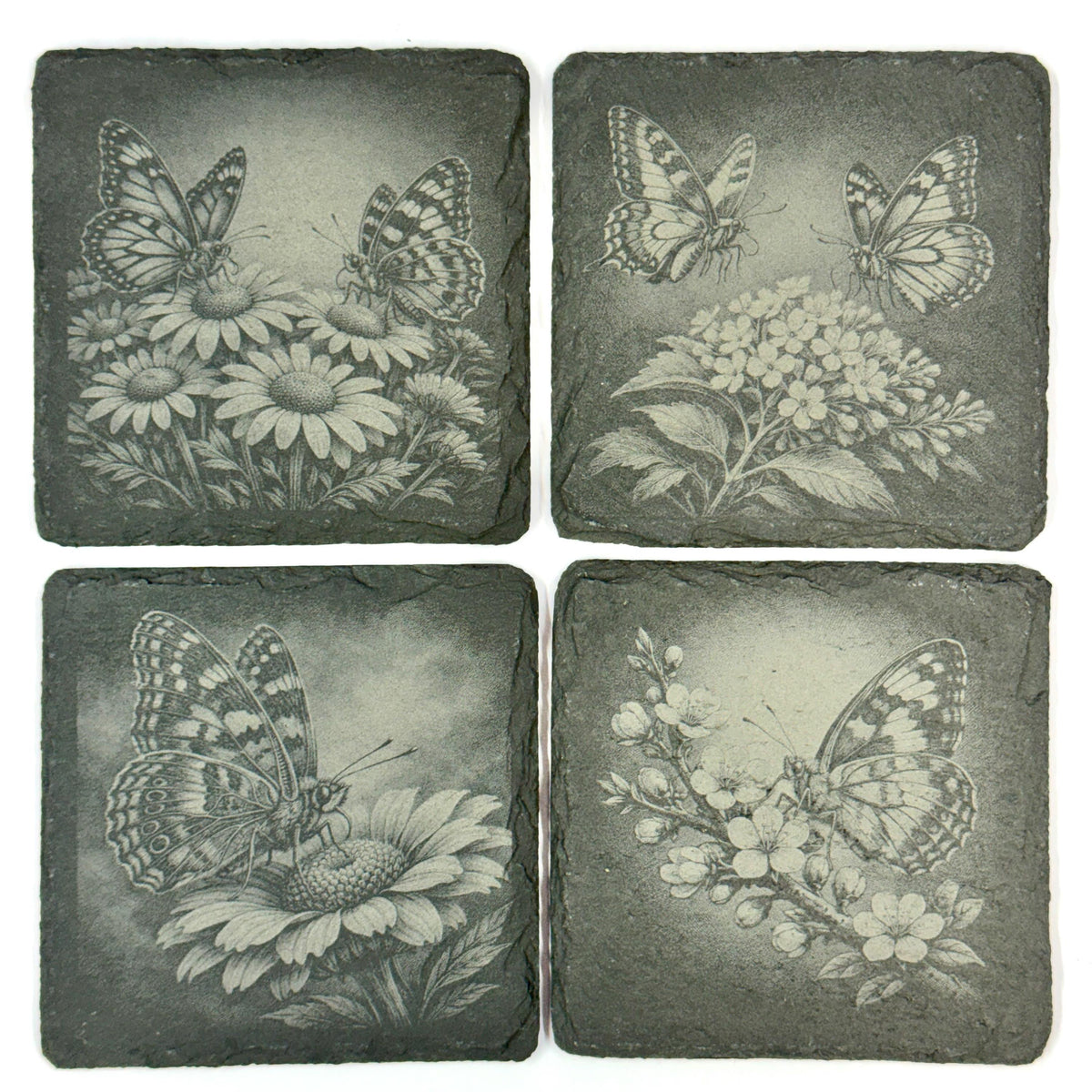 Butterfly Slate Coaster Set, Engraved Garden Flower Drink Coasters