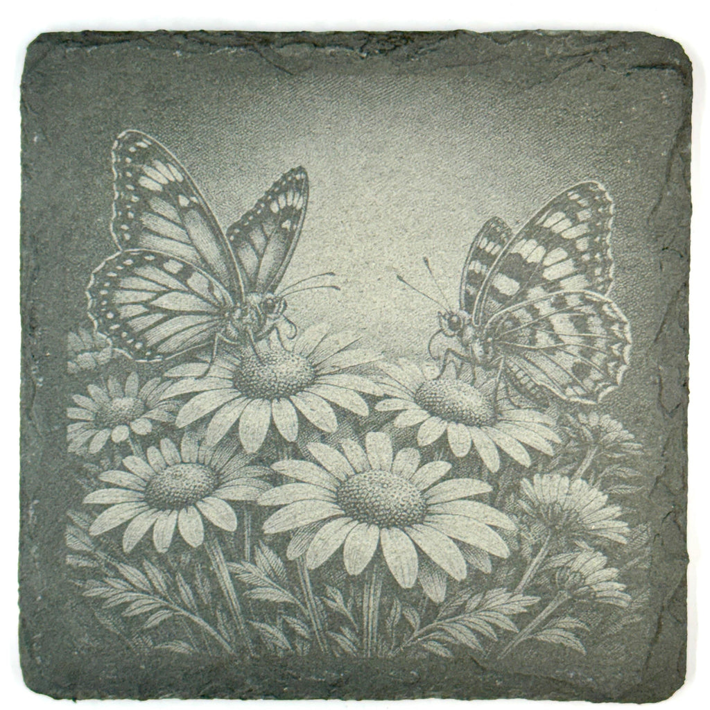 Butterfly Slate Coaster Set, Engraved Garden Flower Drink Coasters