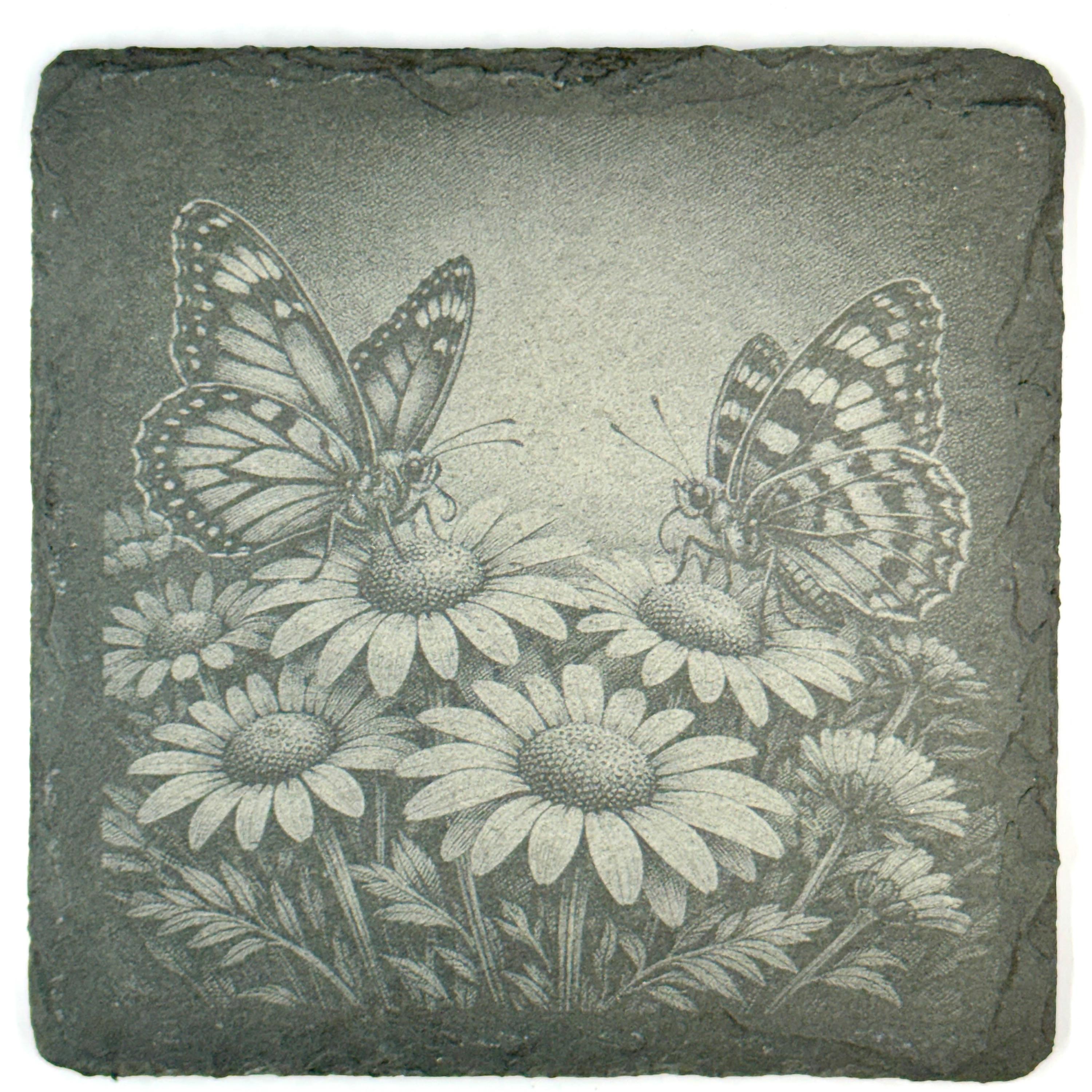 Butterfly Slate Coaster Set, Engraved Garden Flower Drink Coasters