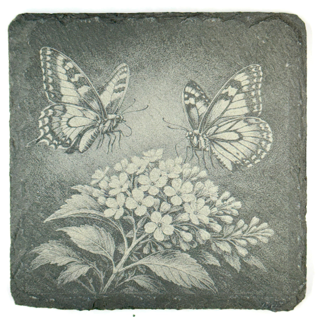 Butterfly Slate Coaster Set, Engraved Garden Flower Drink Coasters