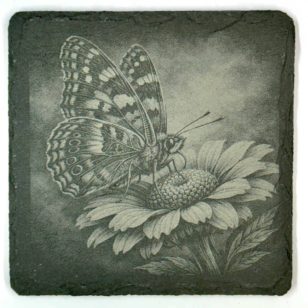 Butterfly Slate Coaster Set, Engraved Garden Flower Drink Coasters