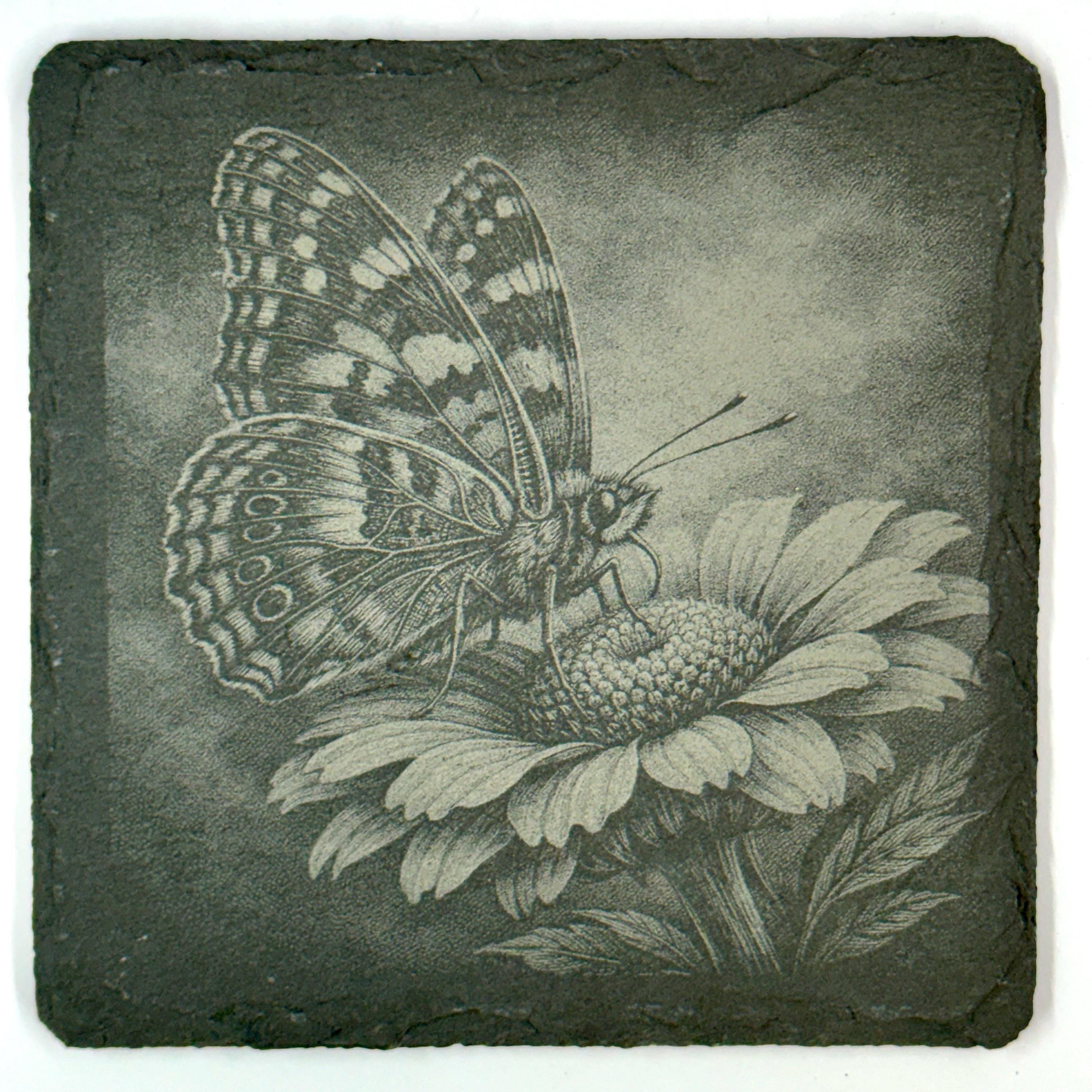 Butterfly Slate Coaster Set, Engraved Garden Flower Drink Coasters