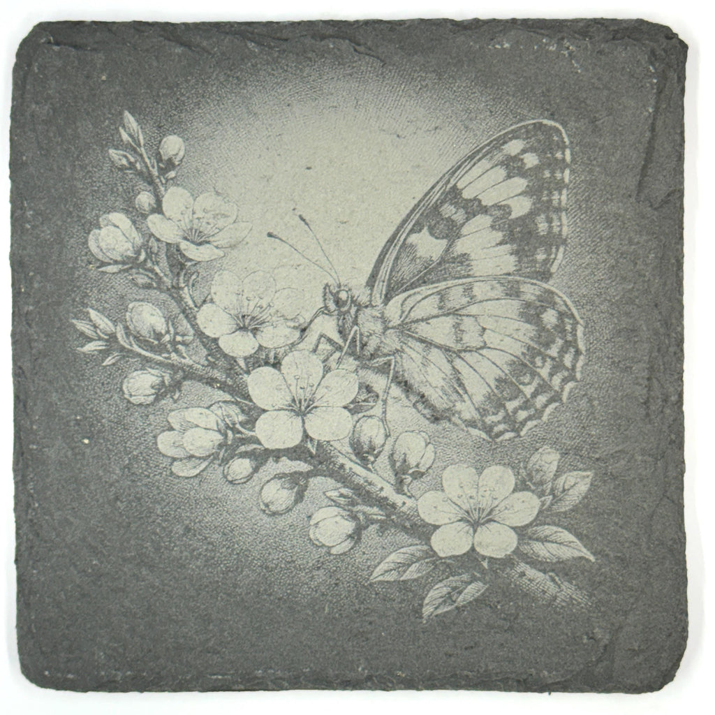 Butterfly Slate Coaster Set, Engraved Garden Flower Drink Coasters