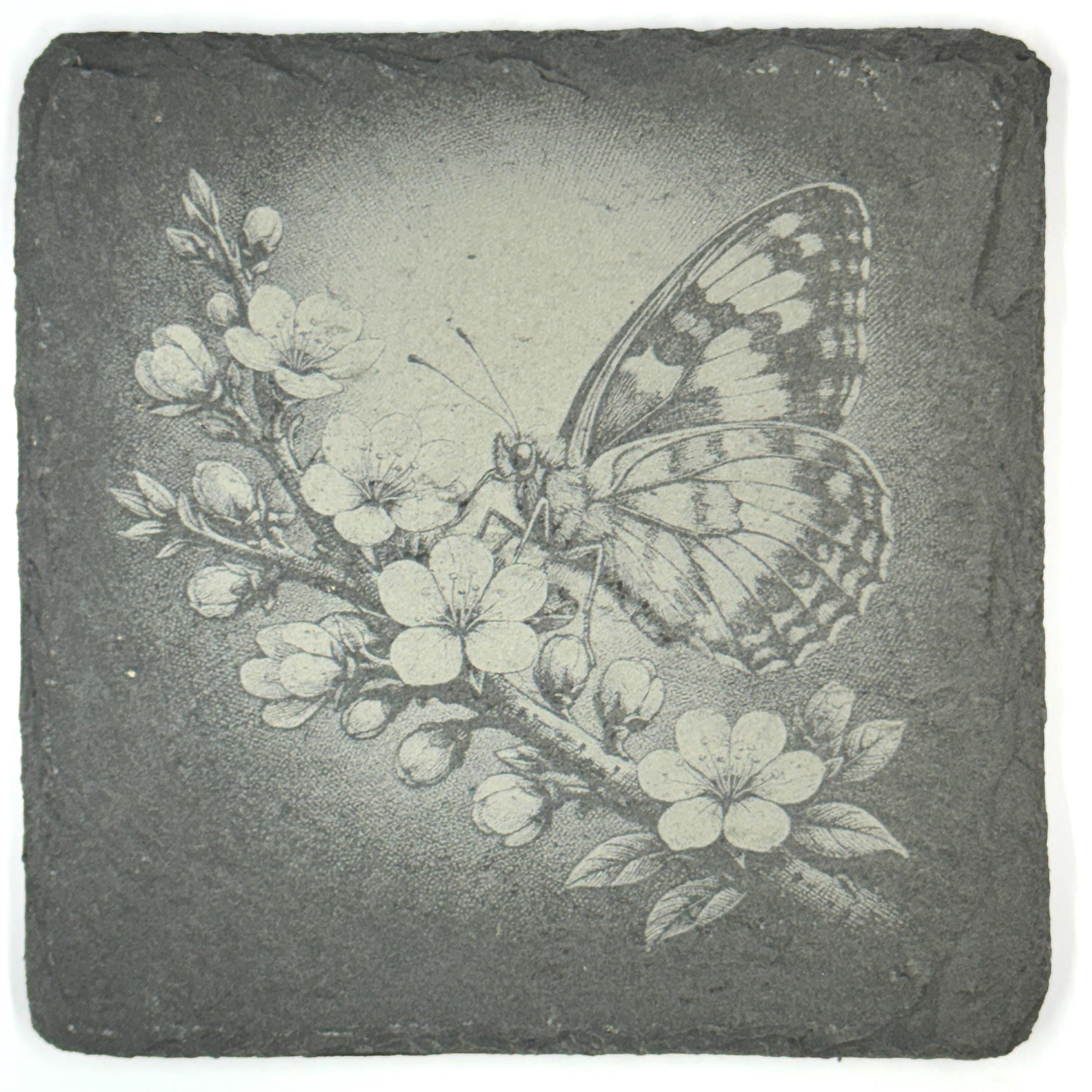 Butterfly Slate Coaster Set, Engraved Garden Flower Drink Coasters