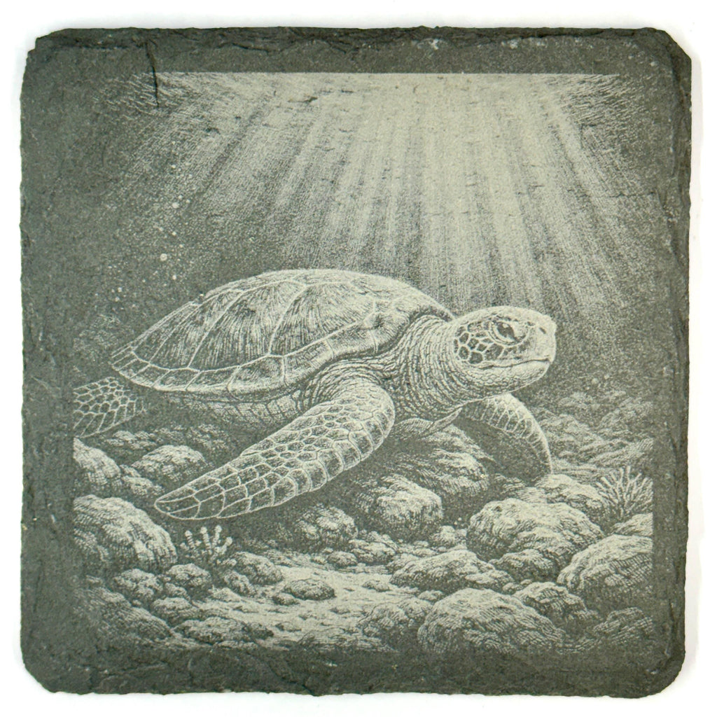 Sea Turtle Slate Coaster Set, Engraved Ocean Wildlife Drink Coasters