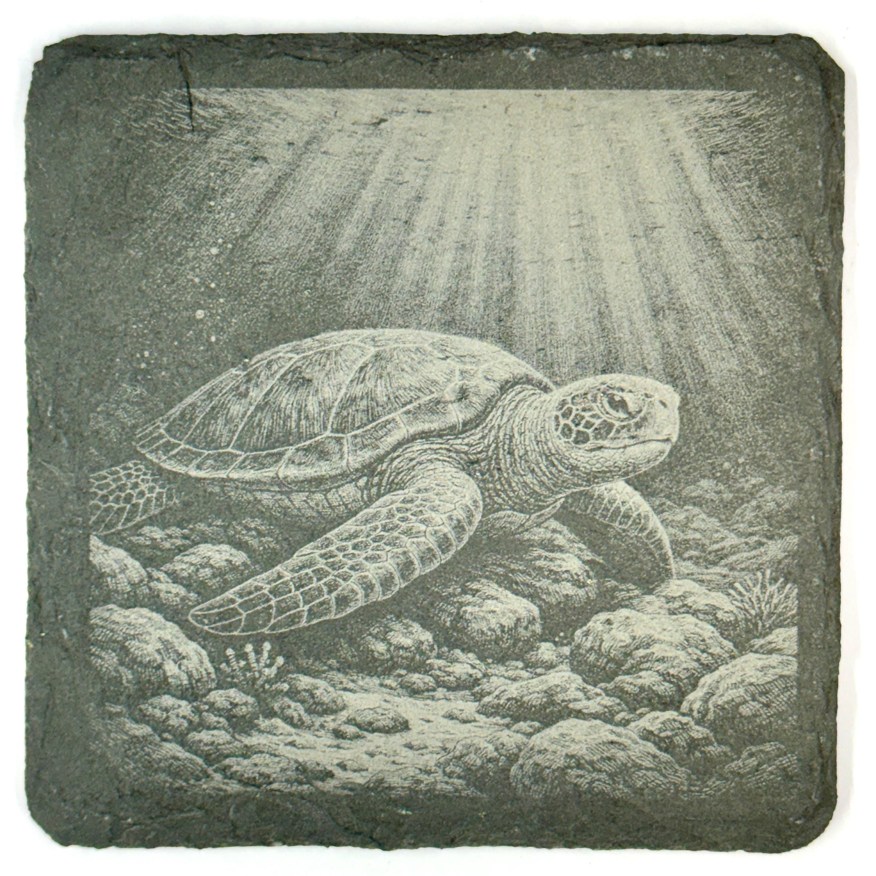 Sea Turtle Slate Coaster Set, Engraved Ocean Wildlife Drink Coasters