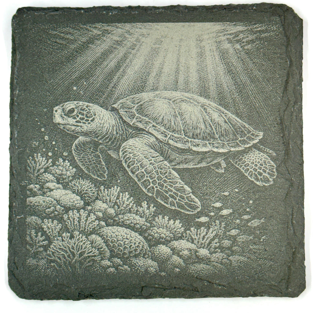 Sea Turtle Slate Coaster Set, Engraved Ocean Wildlife Drink Coasters