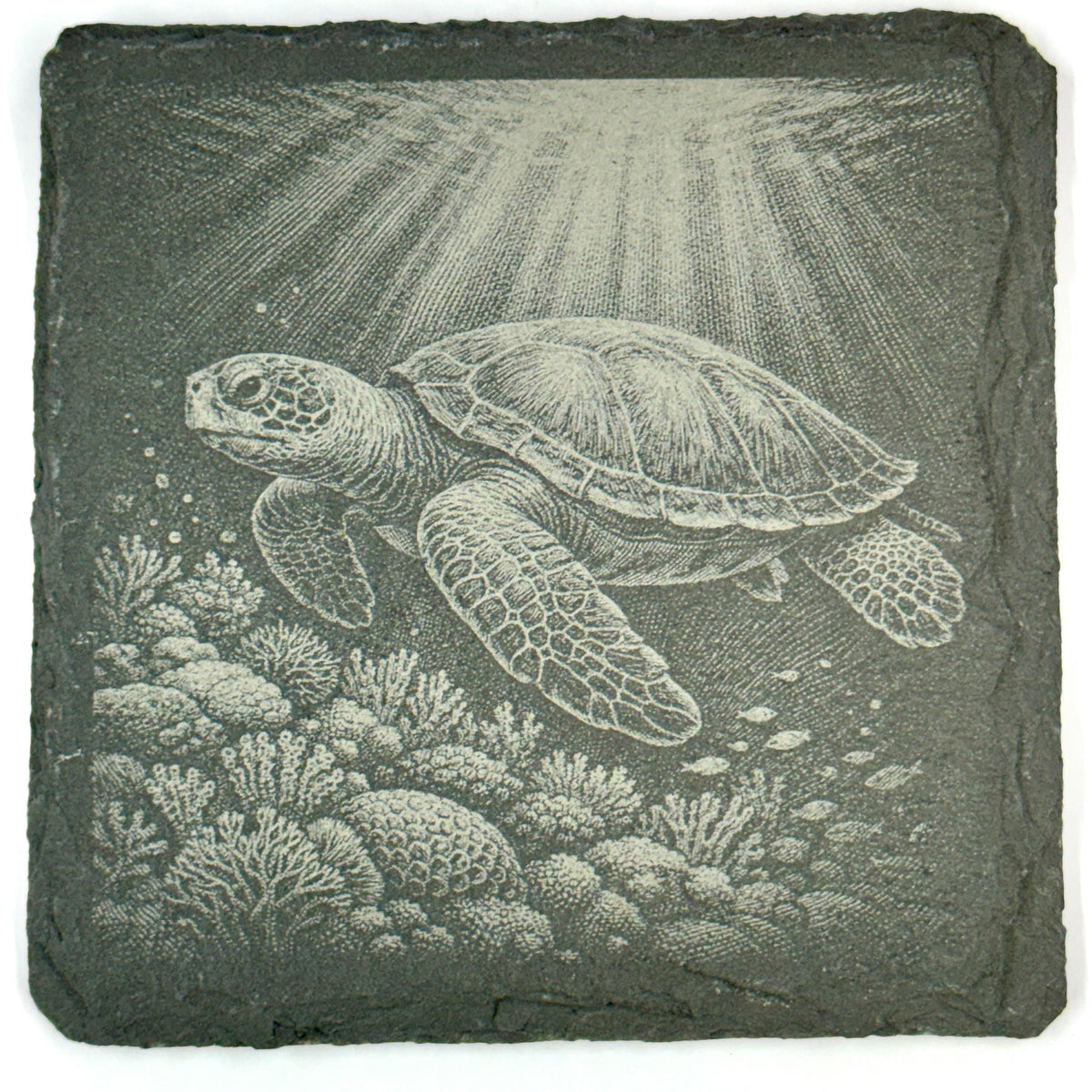 Sea Turtle Slate Coaster Set, Engraved Ocean Wildlife Drink Coasters