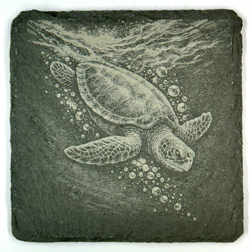 Sea Turtle Slate Coaster Set, Engraved Ocean Wildlife Drink Coasters