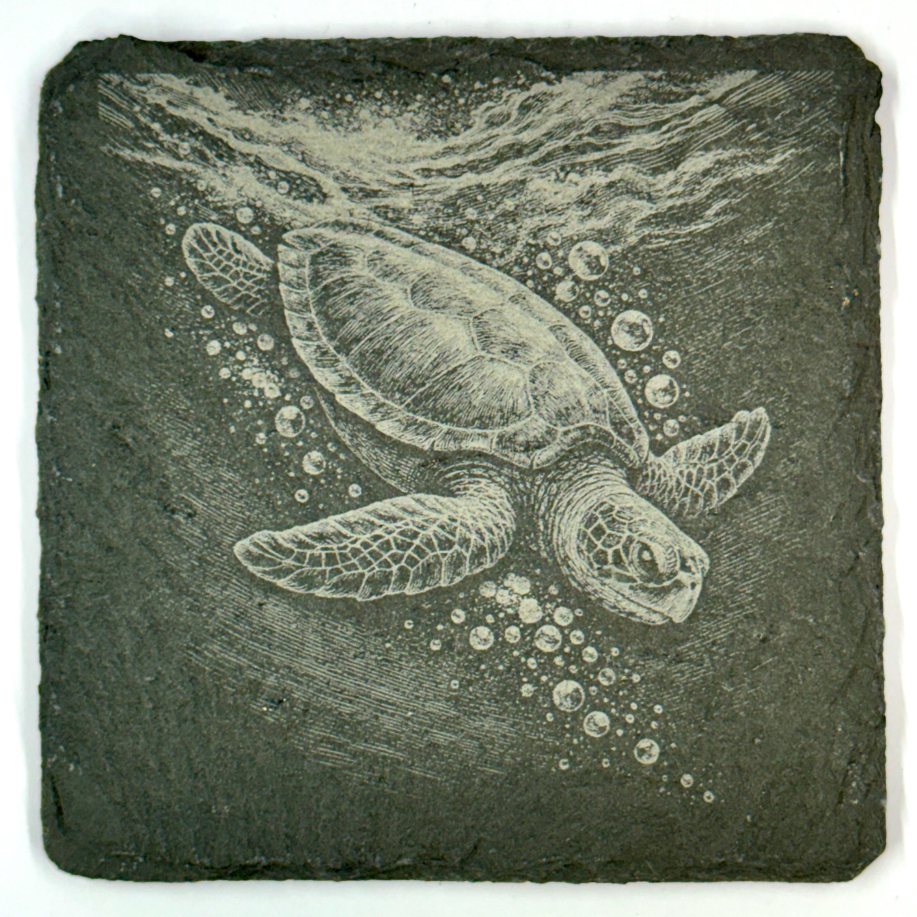 Sea Turtle Slate Coaster Set, Engraved Ocean Wildlife Drink Coasters