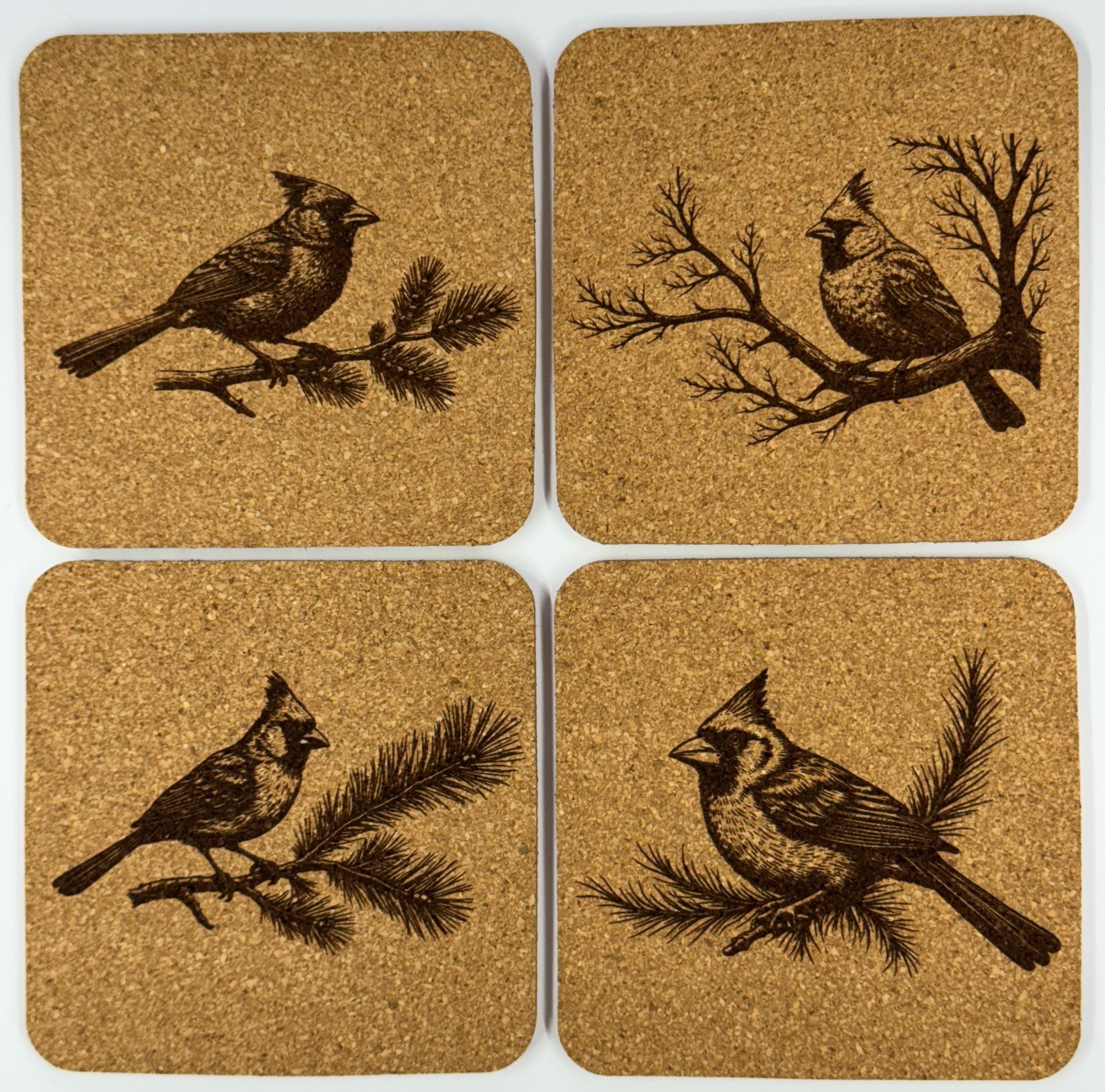 Northern Cardinal Cork Coaster Set 4 Bird Lover Engraved Drink Coasters