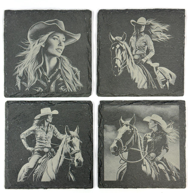 Cowgirl and Horse, Western Style Set of 4 Laser Engraved Coasters