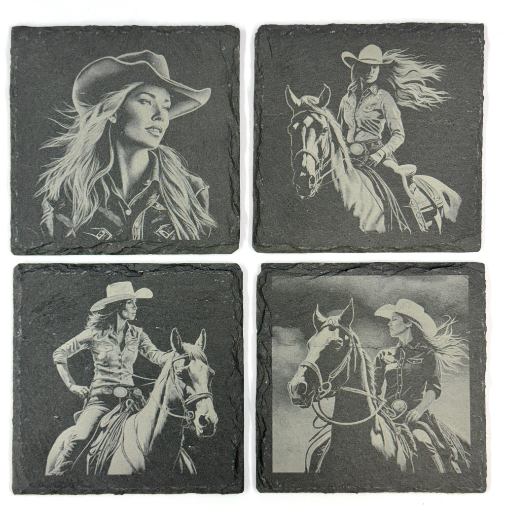 Cowgirl and Horse, Western Style Set of 4 Laser Engraved Coasters
