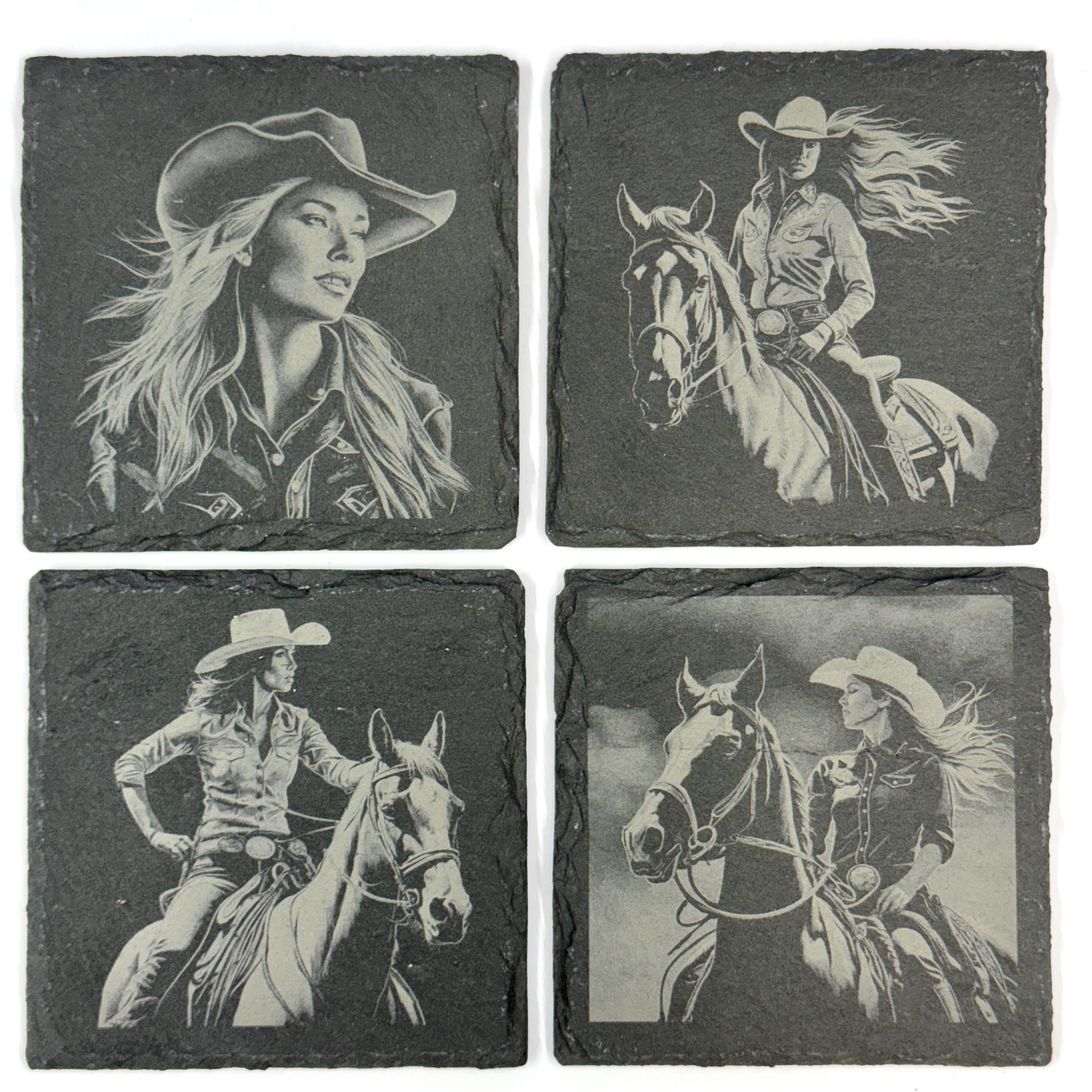 Cowgirl and Horse, Western Style Set of 4 Laser Engraved Coasters