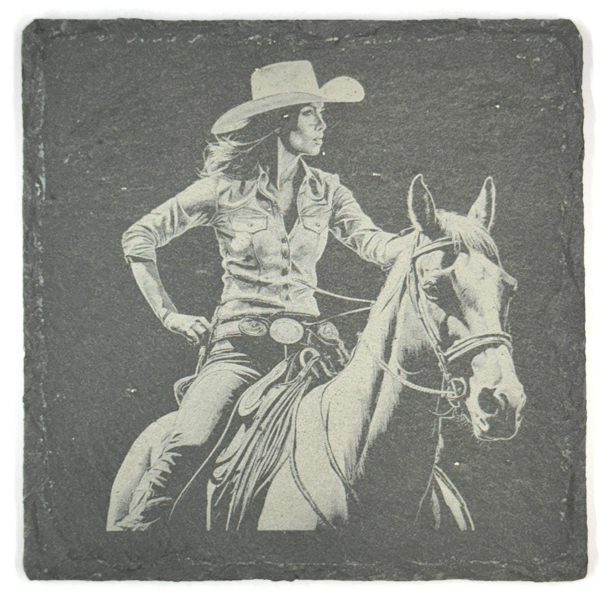 Cowgirl and Horse, Western Style Set of 4 Laser Engraved Coasters