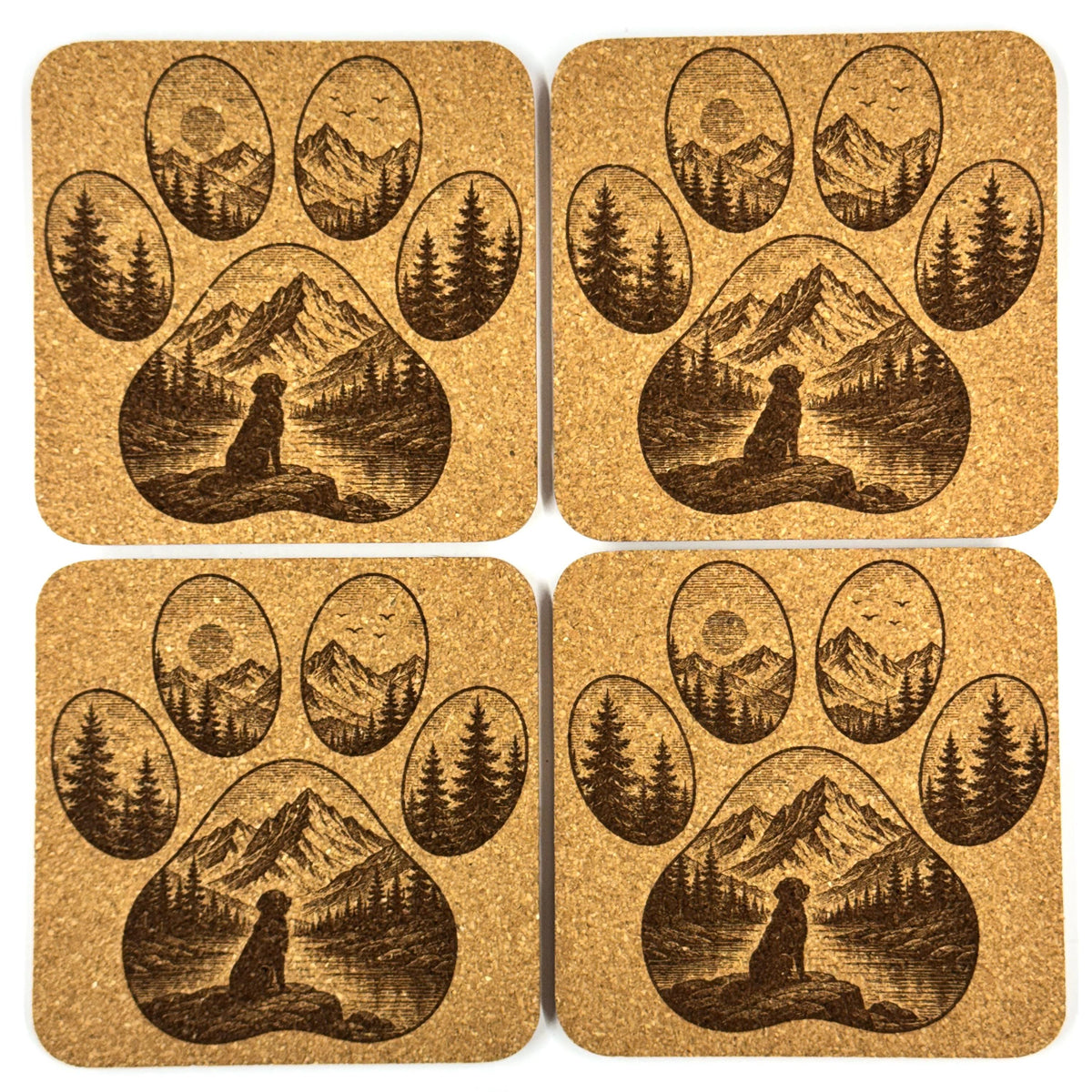 Mountain Dog Paw Print Cork Coaster Set, Rustic Nature Decor for Dog Lovers, Woodland Cabin Drinkware Gift