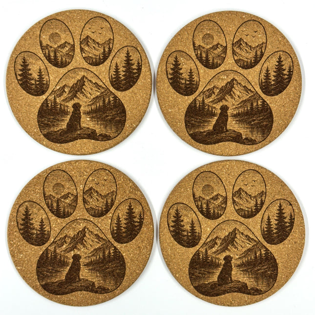 Mountain Dog Paw Print Round Cork Coaster Set, Rustic Nature Lover, Woodland Cabin Decor