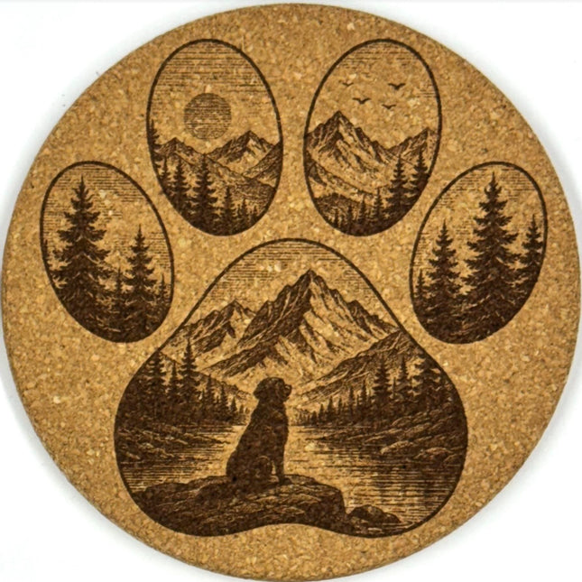 Mountain Dog Paw Print Round Cork Coaster Set, Rustic Nature Lover, Woodland Cabin Decor